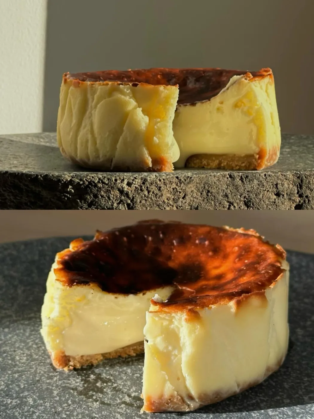 The Classic, cut open on the stone: a soft, creamy custard centre under the burnt top