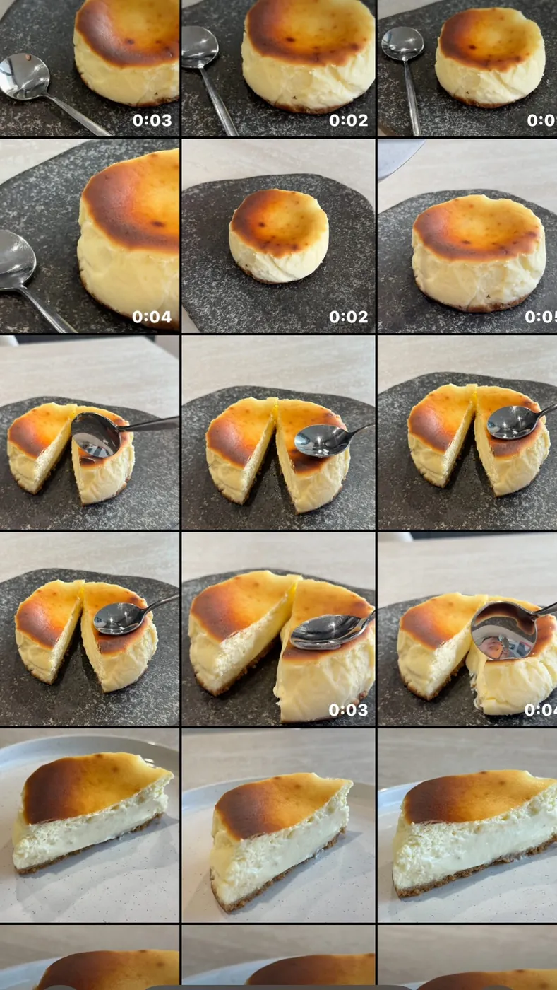 Fifteen frames from a video: a Classic tartza on the basalt slab, cut in two with a spoon, then sliced on a plate