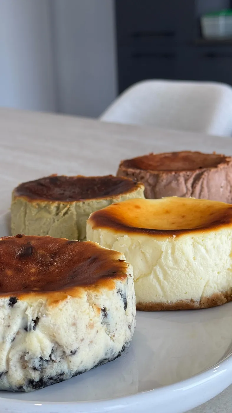 Four small tartzas on a plate: Oreo, Classic, Pistachio and Nutella